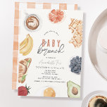 Invitation gaufres Café Fruits Aquarelle Bébé Brunch<br><div class="desc">Cette mignonne invitation de baby shower fille "baby brunch" comprend un arrière - plan crème avec des aliments brunch tels que gaufres, café, croissant, avocat, orange, bananes, oeufs, bleuets et fraises. L'envers est composé d'un arrière - plan blanc avec un motif en vichy en orange. Personnalisez-le selon vos besoins. Vous...</div>