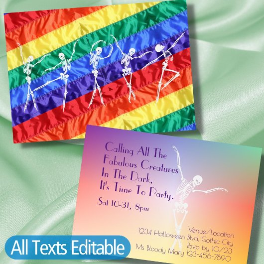 Invitation Gay Dance Party Dancing Skeleton Rainbow Flag LGBT
