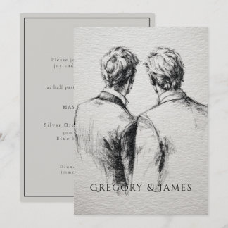 Invitation Gay / Grooms Wedding Pencil Drawing 