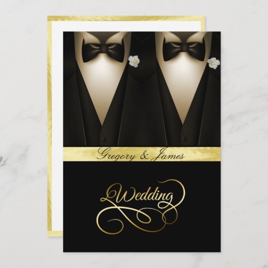 Invitation Gay Mariage Tuxedos White Roses Gold Foil (Devant / Derrière)