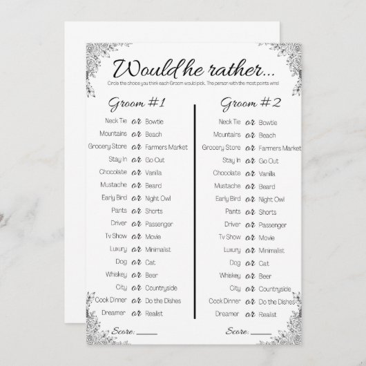 Invitation Gay Wedding shower Jeu, Voudrait-Il Plutôt (Devant / Derrière)