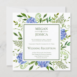 Invitation GBTQ Blue Hydrangeas Floral Mariage Réception