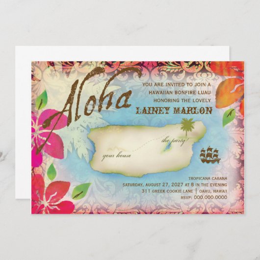 Invitation Gc| Île Aloha Luau (Devant / Derrière)