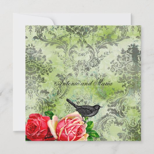 Invitation GC| Oiseaux et Roses Vintages| Lime Damas (Devant)