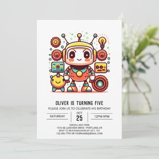 Invitation Gears mignon Robot sur mesure Anniversaire (Debout devant)