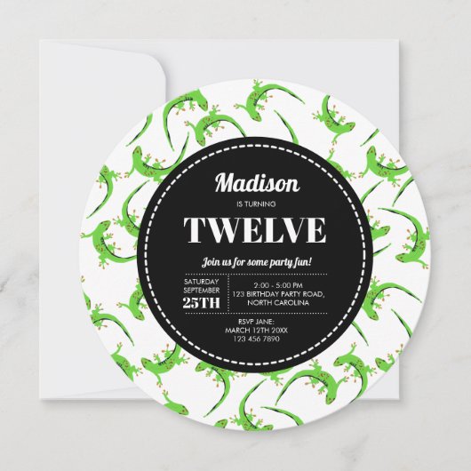 Invitation Gecko Lizard Reptile Circle Anniversaire Invitatio (Devant)