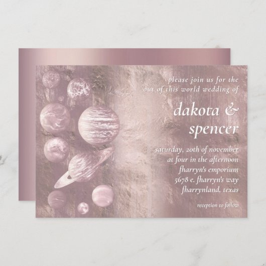 Invitation Geek Chic Mariage | Planètes Roses Brutes Mauves D (Devant / Derrière)