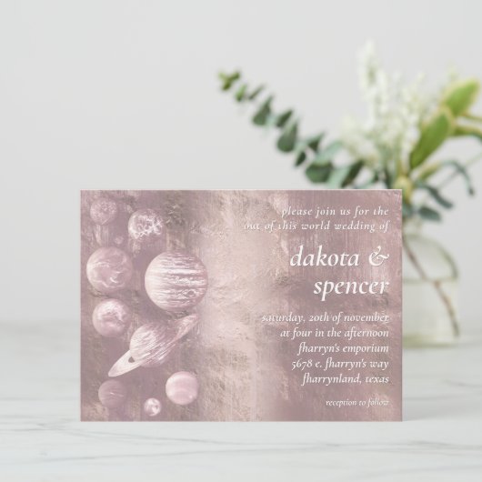 Invitation Geek Chic Mariage | Planètes Roses Brutes Mauves D (Debout devant)