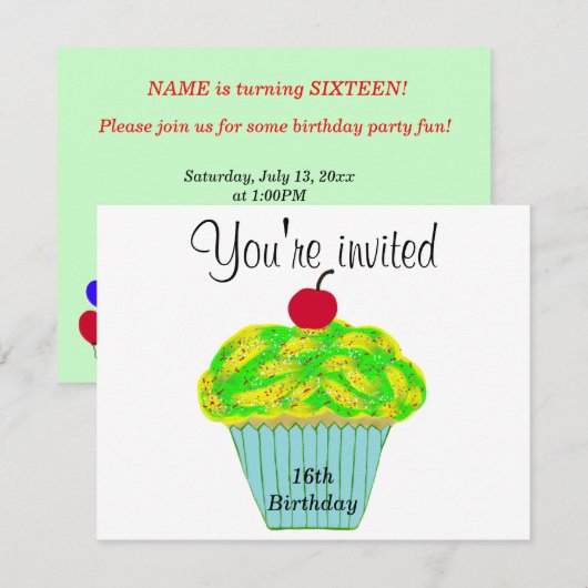 Invitation Gelée jaune et verte Vanille Cerise Cupcake (Devant / Derrière)