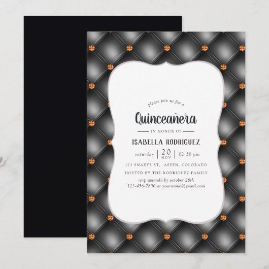 Invitation Gem noir et orange Faux cuir Quinceañera (Devant / Derrière)