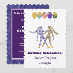 Invitation Gémeaux 1er Anniversaire Impressionniste Paillette