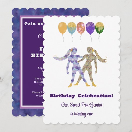 Invitation Gémeaux 1er Anniversaire Impressionniste Paillette (Devant / Derrière)