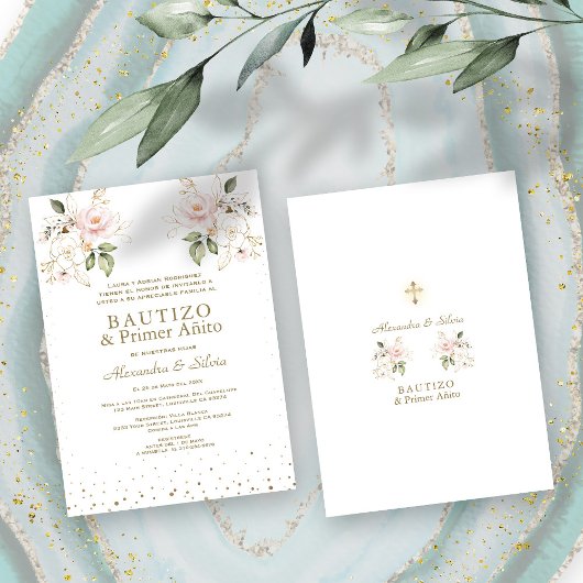 Invitation Gemelas Hijas Fleurs roses Primer Añito Bautizo