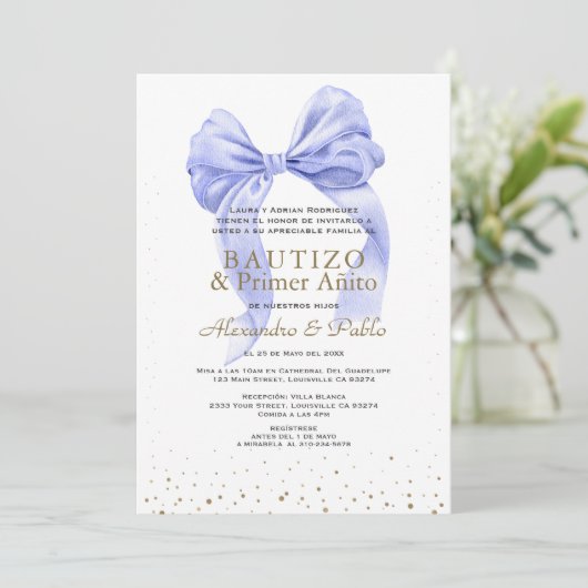 Invitation Gemelos Blue Bow Hijos Primer Añito Bautizo (Debout devant)