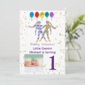 Invitation Gemini premier anniversaire Gold, ballons et photo (Debout devant)