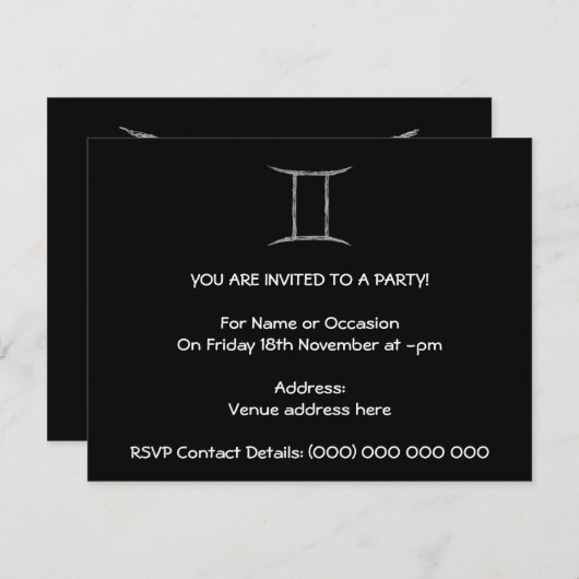 Invitation Gemini. Signe d'astrologie zodiaque.Noir. (Devant / Derrière)
