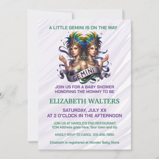 Invitation Gemini Zodiac Baby Shower Lavender and Green (Devant)
