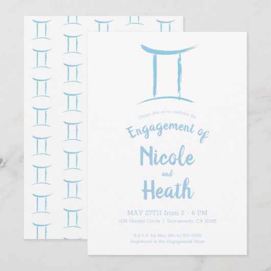 Invitation GEMINI Zodiac Blue Astrology Mai Juin Fiançailles (Devant / Derrière)