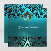 Invitation GEMME DE DAMAS MONOGRAMME bleu aigue-marine (Devant / Derrière)