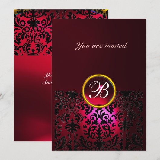 Invitation GEMME DE DAMAS MONOGRAMME ruby rouge burgundy (Devant / Derrière)