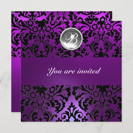 Invitation GEMME DE DAMAS NOIR & VIOLET MONOGRAMME glace (Devant / Derrière)