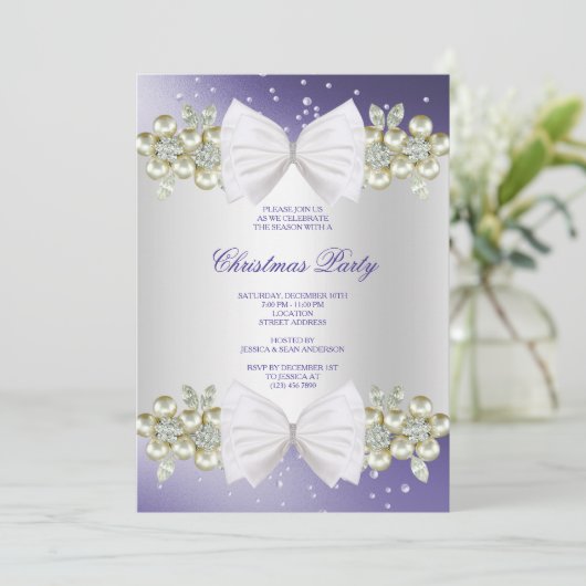 Invitation Gemmes Classy & Bow Bleu Noël (Debout devant)