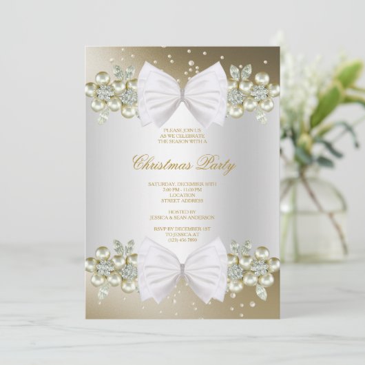 Invitation Gemmes Classy & Bow Gold Christmas (Debout devant)