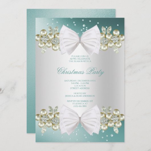 Invitation Gemmes et bow Turquoise Noël (Devant / Derrière)