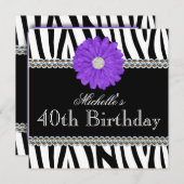 Invitation Gemmes imprimées Zebra Purple Daisy 40e anniversai (Devant / Derrière)