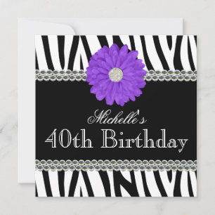Invitation Gemmes imprimées Zebra Purple Daisy 40e anniversai