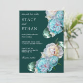 Invitation Gemmes vertes et pivoines turquoise Mariage floral (Debout devant)