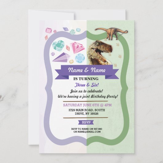 Invitation Gemstones & Dinosaur Joint Garçon Girl Anniversair (Devant)