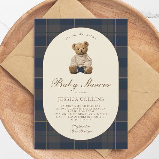 Invitation Gender Neutral Brown Blue Teddy Bear Baby Shower