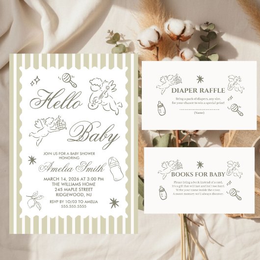 Invitation Gender Neutral doodle cupid Baby Shower Green