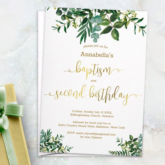 Invitation Gender neutral green gold baptism & 2nd birthday