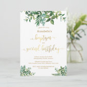 Invitation Gender neutral green gold baptism & 2nd birthday (Debout devant)