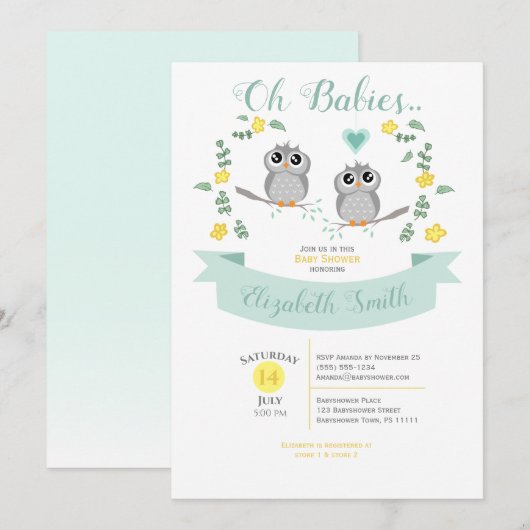 Invitation Gender neutre Twin Cute owls baby shower (Devant / Derrière)