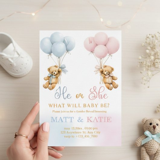 Invitation Gender Reveal "He or She Bear Balloons Blue Pink