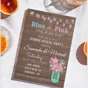 Invitation Gender Reveal Party Mason Jar Wood Rustic Lights