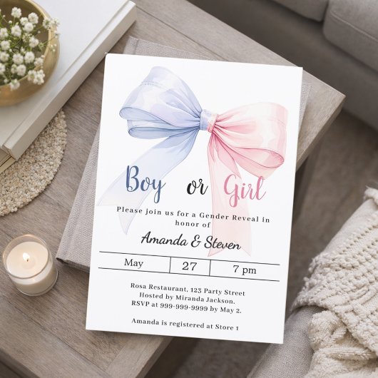 Invitation Gender reveal pink blue bow boy girl