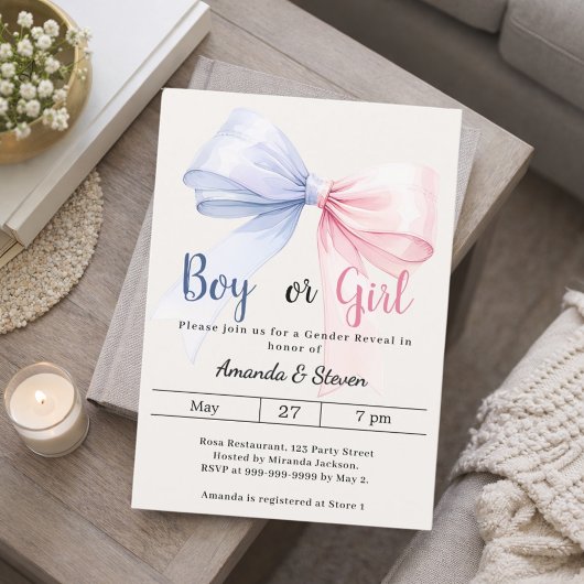 Invitation Gender reveal pink blue bow ivory boy girl