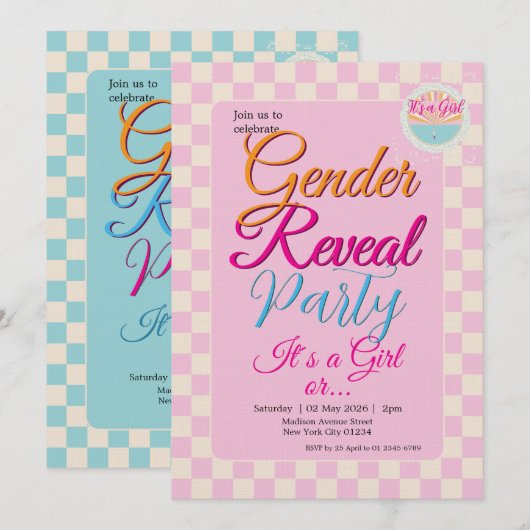 Invitation Gender Reveal Two-Sided Blue-Pink Plaid Checkered (Devant / Derrière)