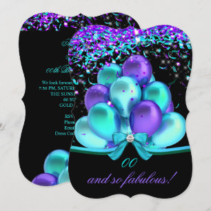 Invitation Génial Rubans Turquoise Violet Ballons Anniversair