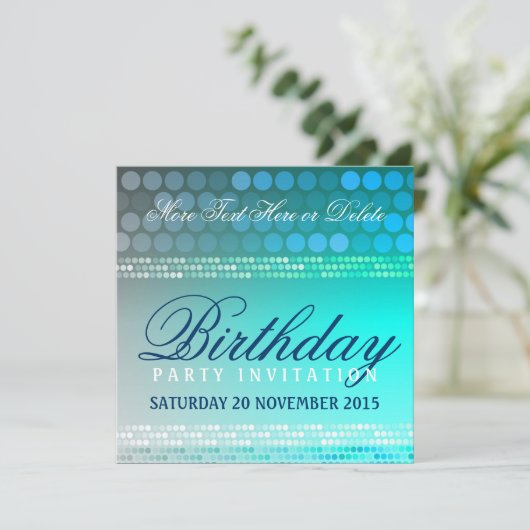 Invitation géniale bleue d'anniversaire de soirée (Debout devant)