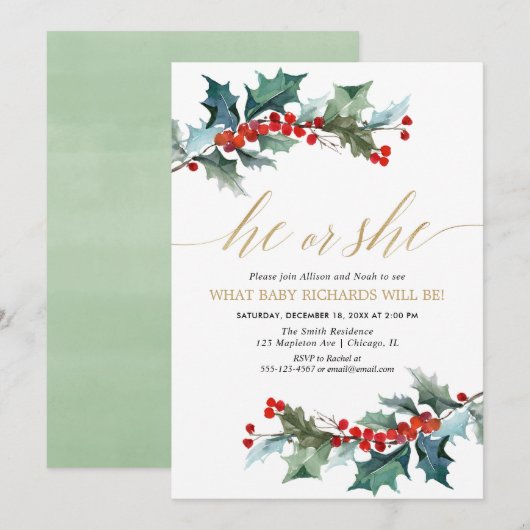 Invitation Genre de Noël révèle vert rouge or fleuri (Devant / Derrière)