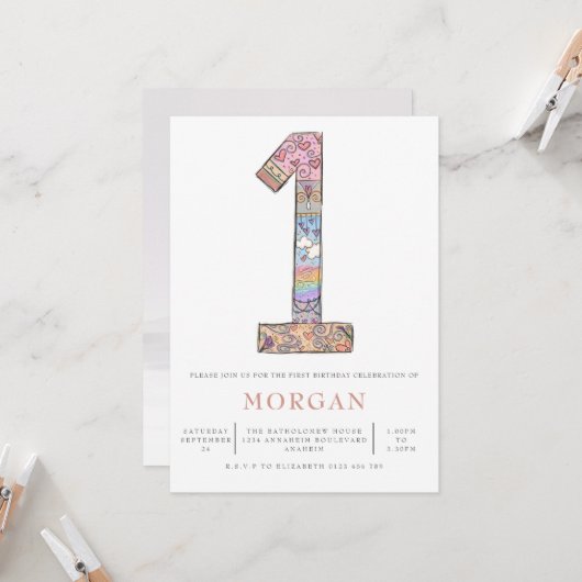 Invitation Genre Neutre 1er anniversaire Boho Hearts Party (Devant/Arrière en situation)