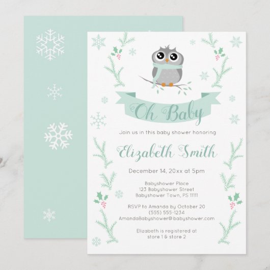 Invitation Genre neutre chouette hivernale babyshower (Devant / Derrière)