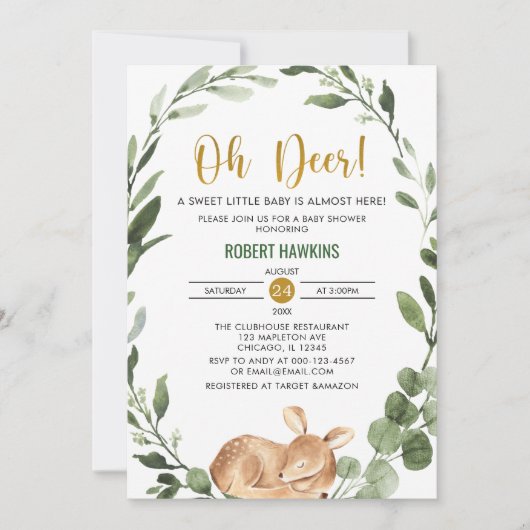 Invitation Genre neutre Oh cerf verdure baby shower or (Devant)