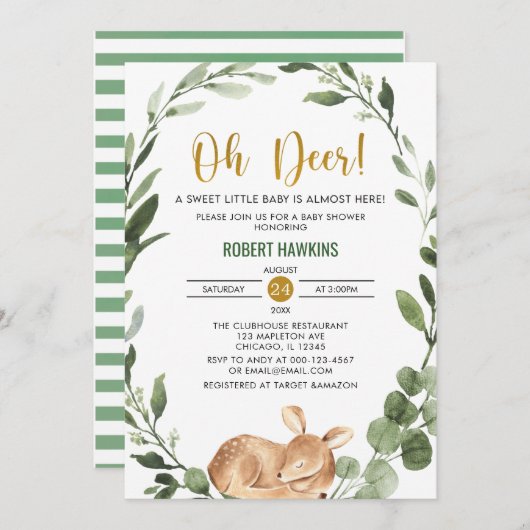 Invitation Genre neutre Oh cerf verdure baby shower or (Devant / Derrière)
