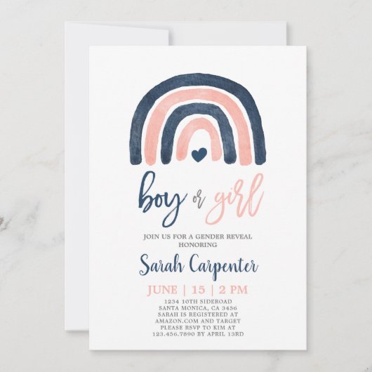 Invitation Genre Révéler la marine arc-en-ciel bleu et rose (Devant)